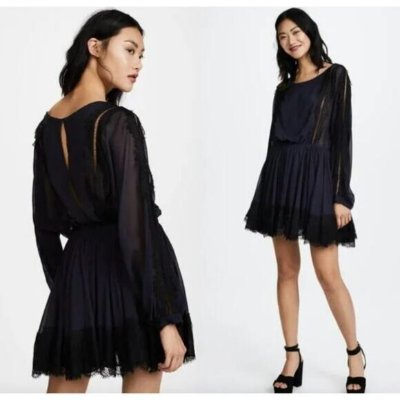 LoveShackFancy | Noelle Mini Dress | 100% Silk Lace Trim | Navy & Black | Sz S - Picture 1 of 13